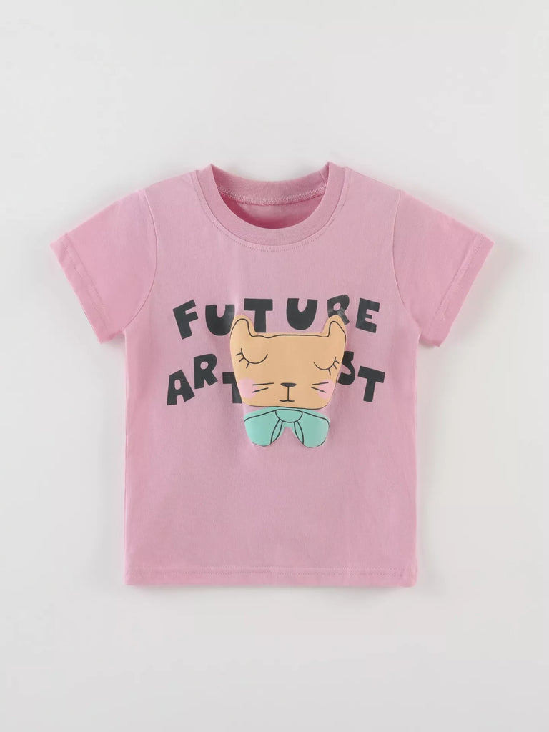 Children's Cat Graphic Round Neck T-Shirt