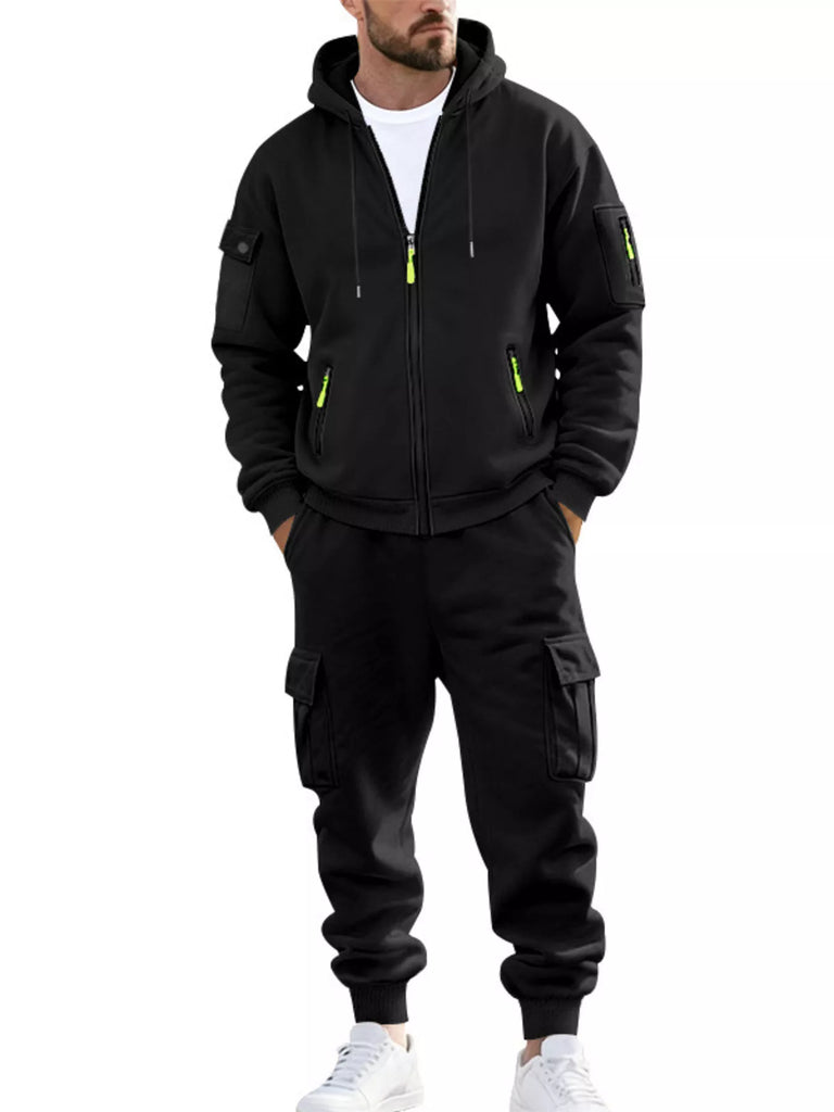 Men's Plus Size Casual Zip-Up Hoodie and Cargo Pants Set