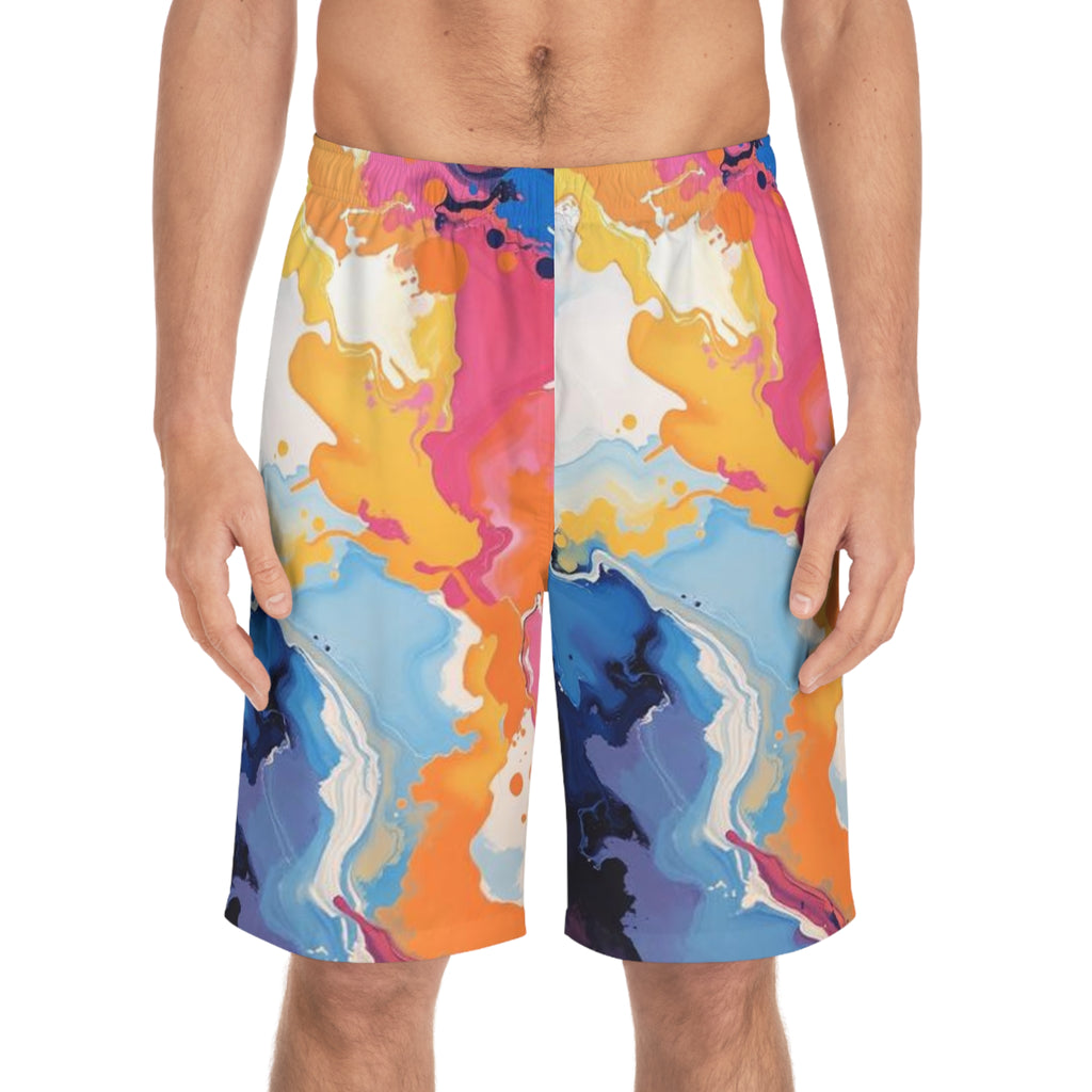 Abstract Color Splash Board Shorts — Vibrant Marble AOP Men's Swim Trunks