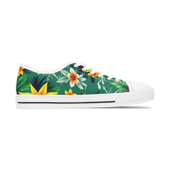 Sneaker with tropical floral design on a white background