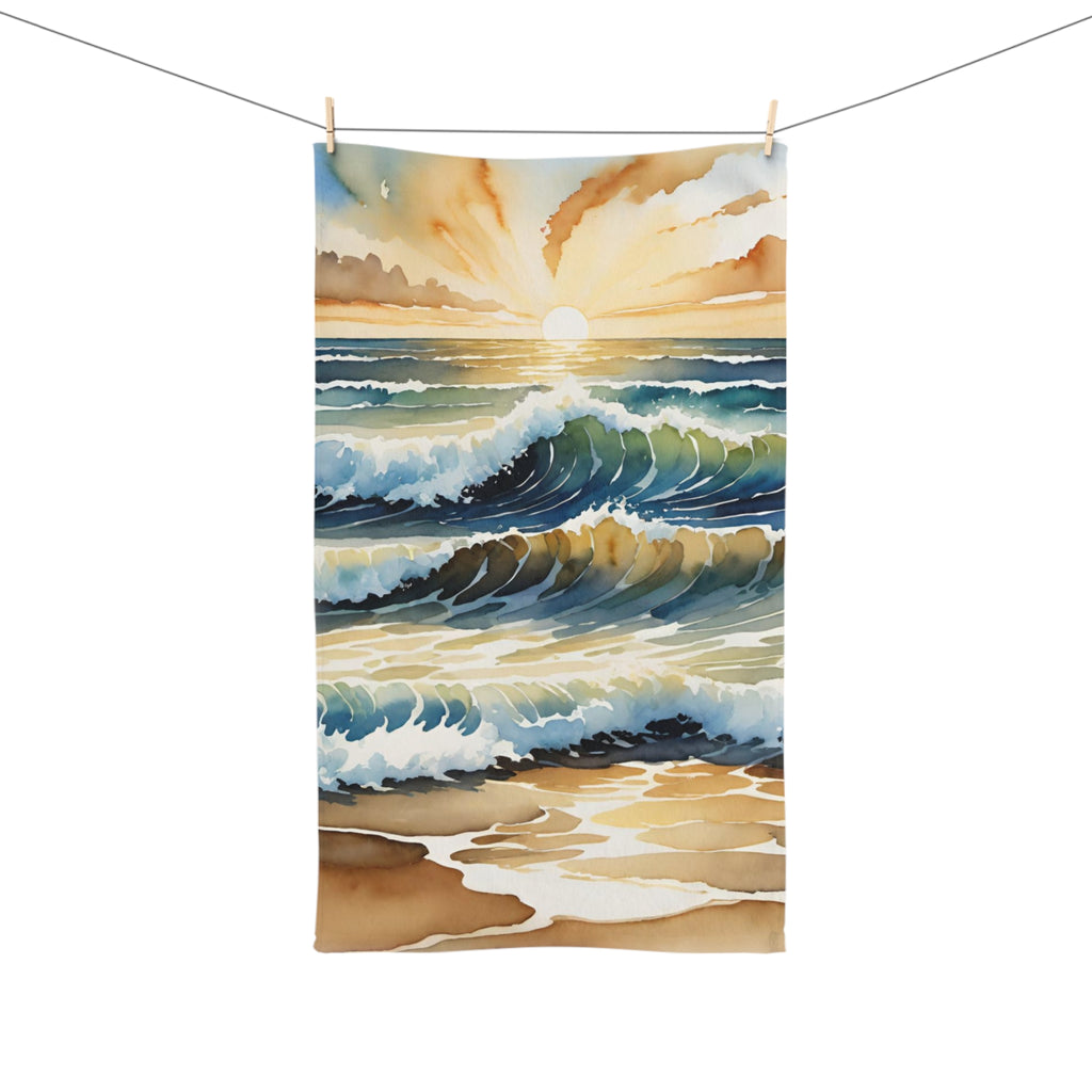 Sunset Ocean Waves Hand Towel — Coastal Watercolor Beach Decor