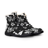 Floral Fur-Lined Leather Boots — Black & White Winter Combat Boots thumbnail 2