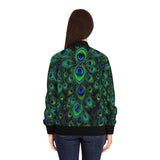 Peacock Feather All-Over Print Bomber Jacket — Women's Vibrant Green Blue Statement Outerwear thumbnail 4