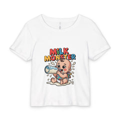 White t-shirt with 'Milk Monster' graphic design featuring a baby and colorful text on a white background.