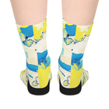 Abstract Blue & Yellow Mid-Length Socks — Artistic Watercolor Pattern thumbnail 2