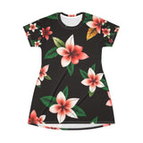 Floral Plumeria T-Shirt Dress — Pink Tropical All-Over Print thumbnail 1