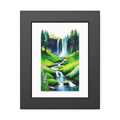 Framed artwork of a lush green landscape with a waterfall.
