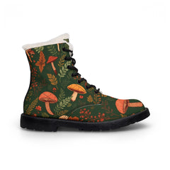 Green boot with mushroom and leaf pattern on a white background