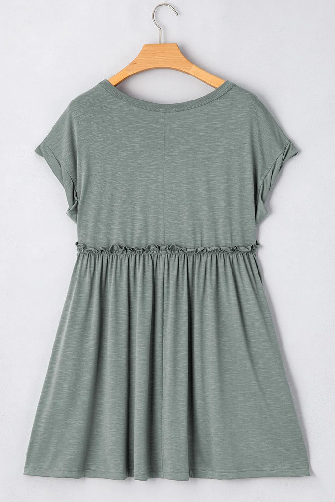 Frilled Gathered Seam Round Neck T Shirt Dress