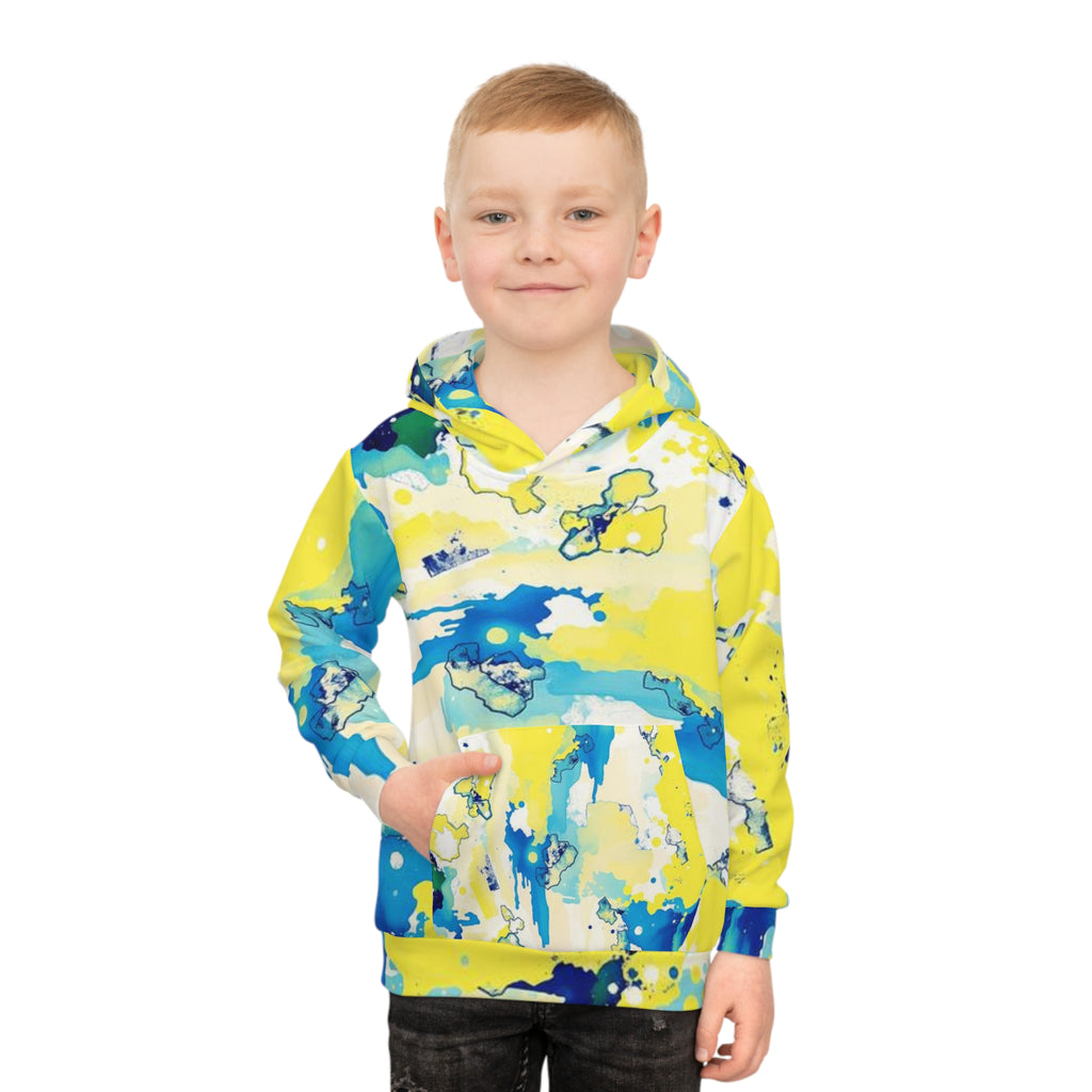 Kids Abstract Watercolor Hoodie – Blue & Yellow All-Over Print