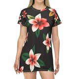 Floral Plumeria T-Shirt Dress — Pink Tropical All-Over Print thumbnail 3