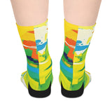 Colorful Abstract Art Mid-Length Socks — Bright Yellow Green Paint Splash Design thumbnail 2