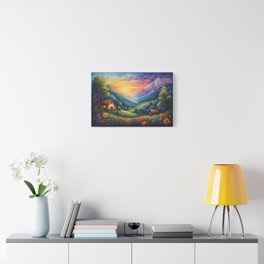 Sunset Valley Landscape Canvas Print — Cottage, Mountains & Wildflowers Matte Stretched