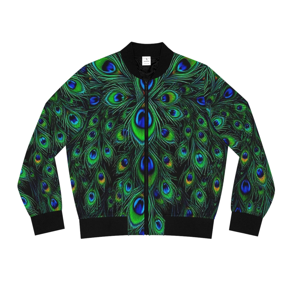 Peacock Feather All-Over Print Bomber Jacket — Women's Vibrant Green Blue Statement Outerwear
