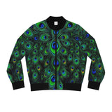 Peacock Feather All-Over Print Bomber Jacket — Women's Vibrant Green Blue Statement Outerwear thumbnail 1