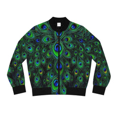 Jacket with peacock feather pattern on a white background