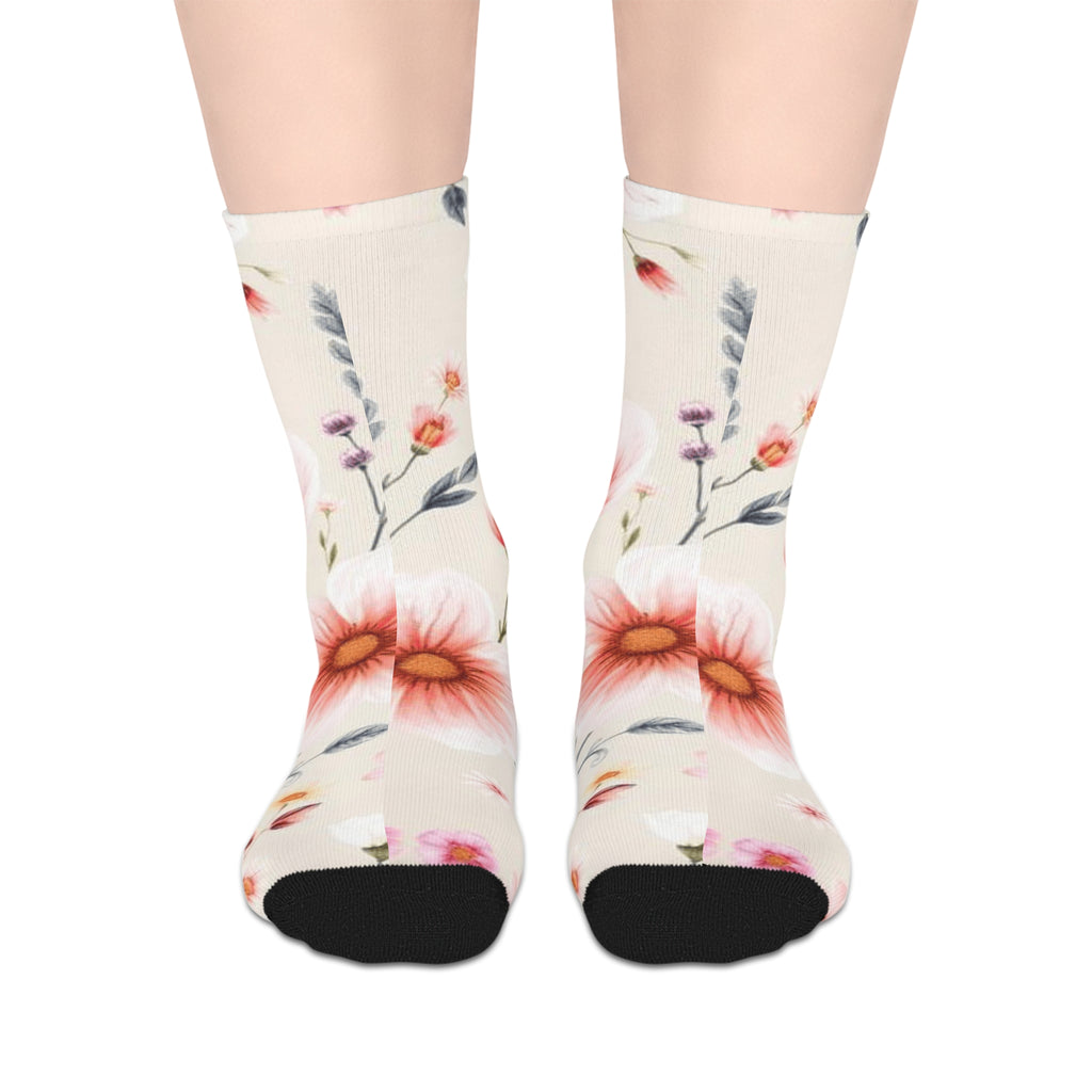 Floral Mid-Length Socks — Soft Pink Watercolor Blooms Pattern