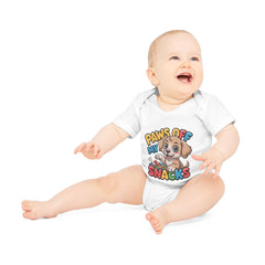 Baby wearing a white onesie with a colorful graphic and text on a white background