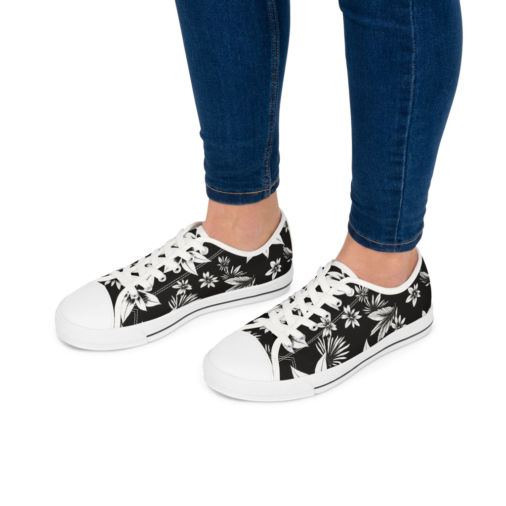 Low Top Sneakers — Black & White Floral Canvas Women's Casual Shoes