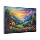 Sunset Valley Landscape Canvas Print — Cottage, Mountains & Wildflowers Matte Stretched thumbnail 11