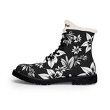 Floral Fur-Lined Leather Boots — Black & White Winter Combat Boots thumbnail 4