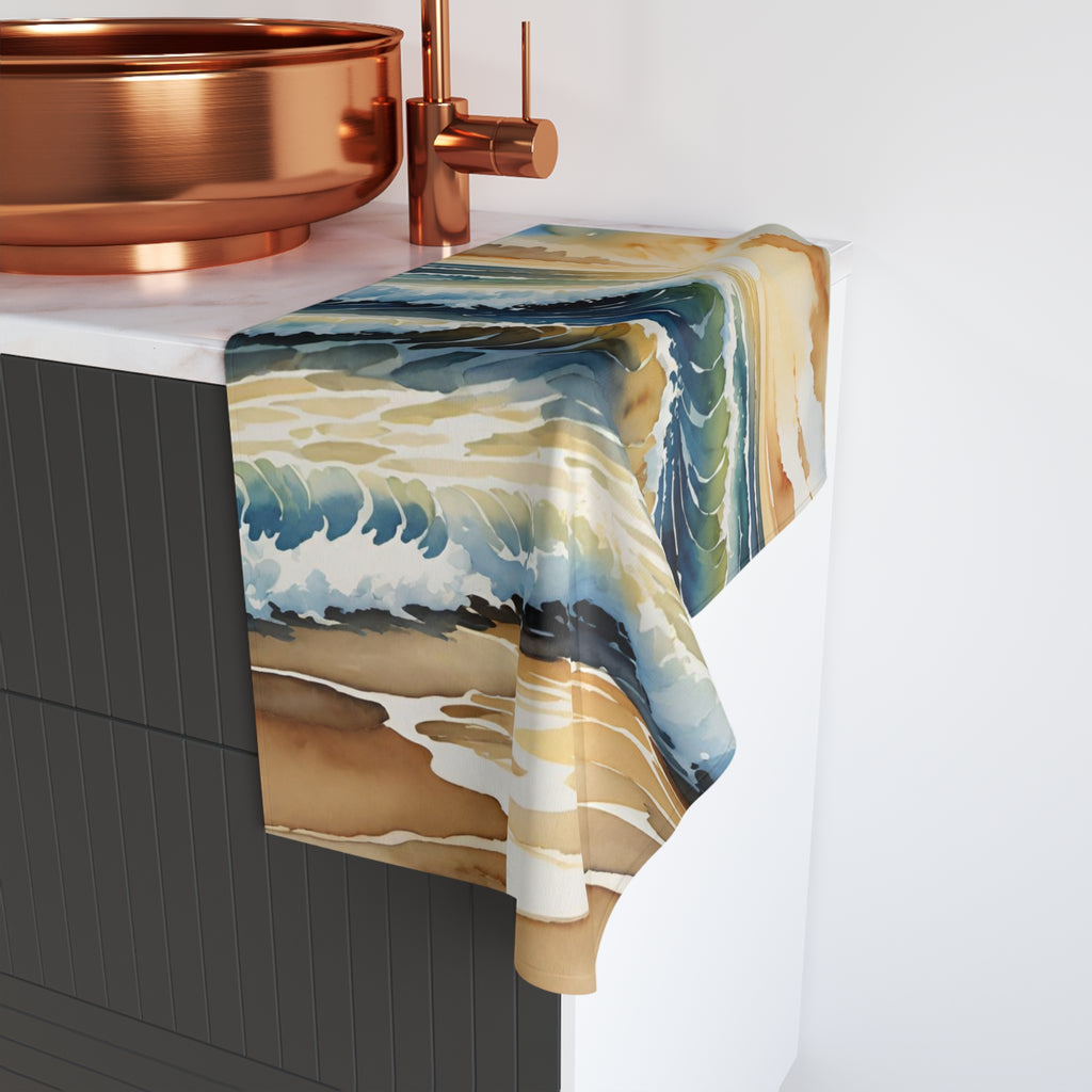 Sunset Ocean Waves Hand Towel — Coastal Watercolor Beach Decor