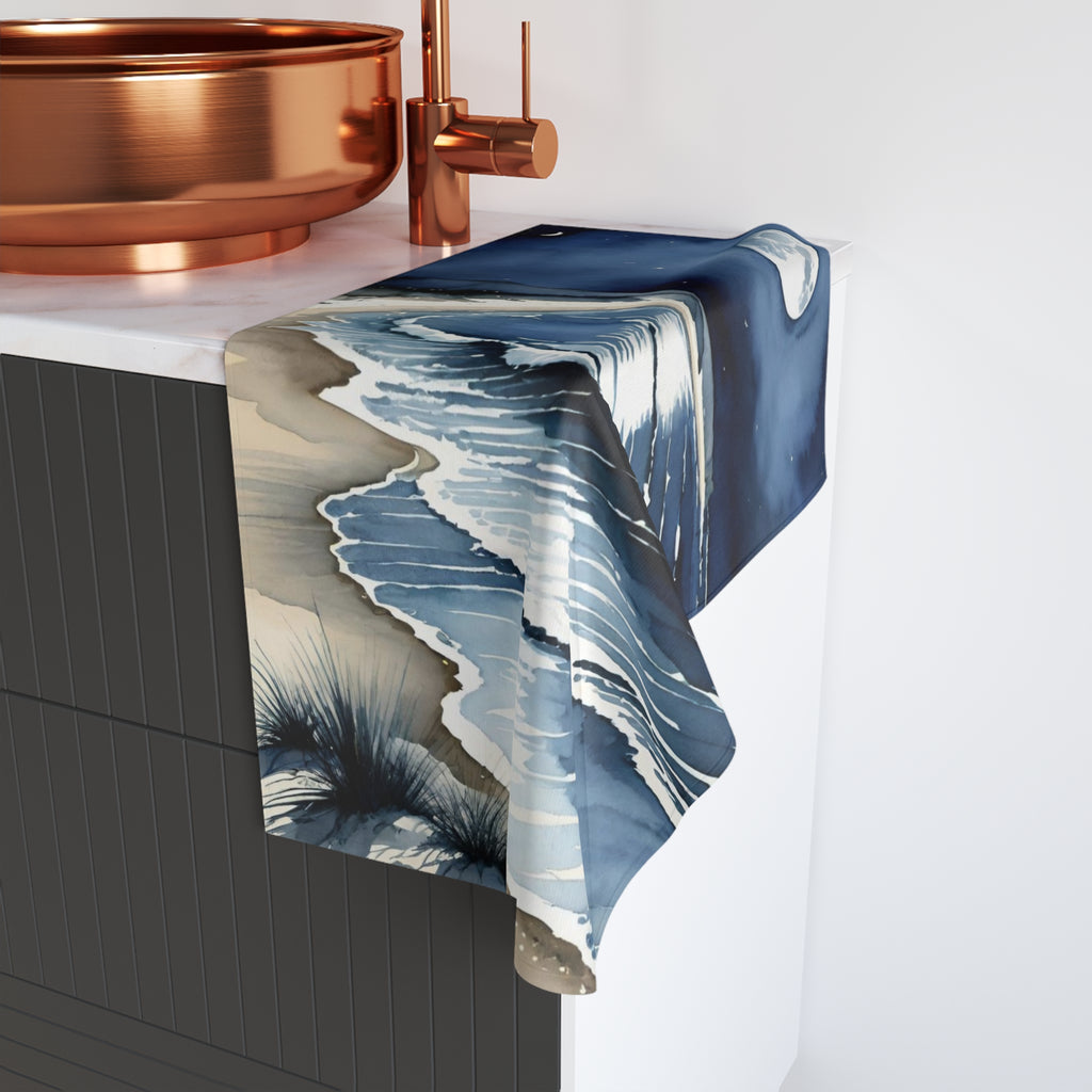 Moonlit Ocean Hand Towel — Coastal Night Beach Waves Design