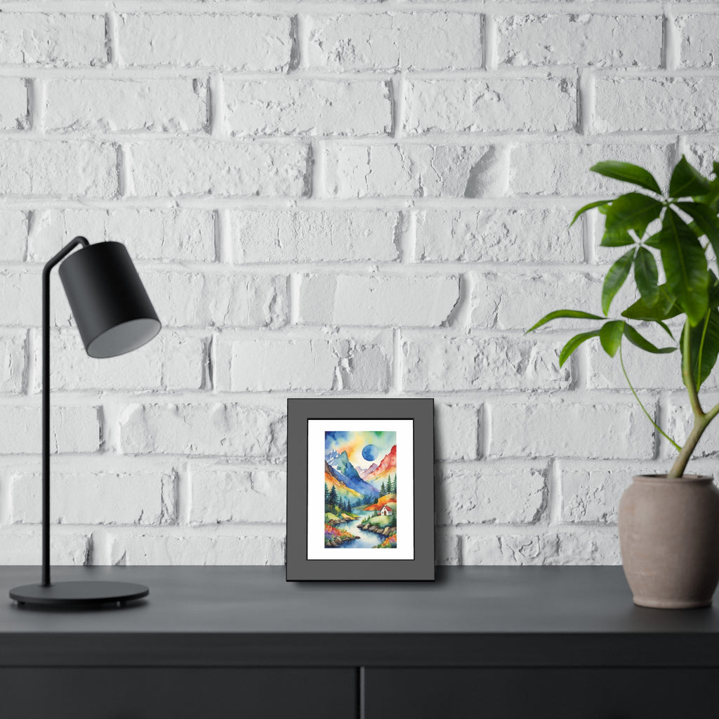 Framed Mountain Landscape Poster — Colorful Watercolor Cabin Print