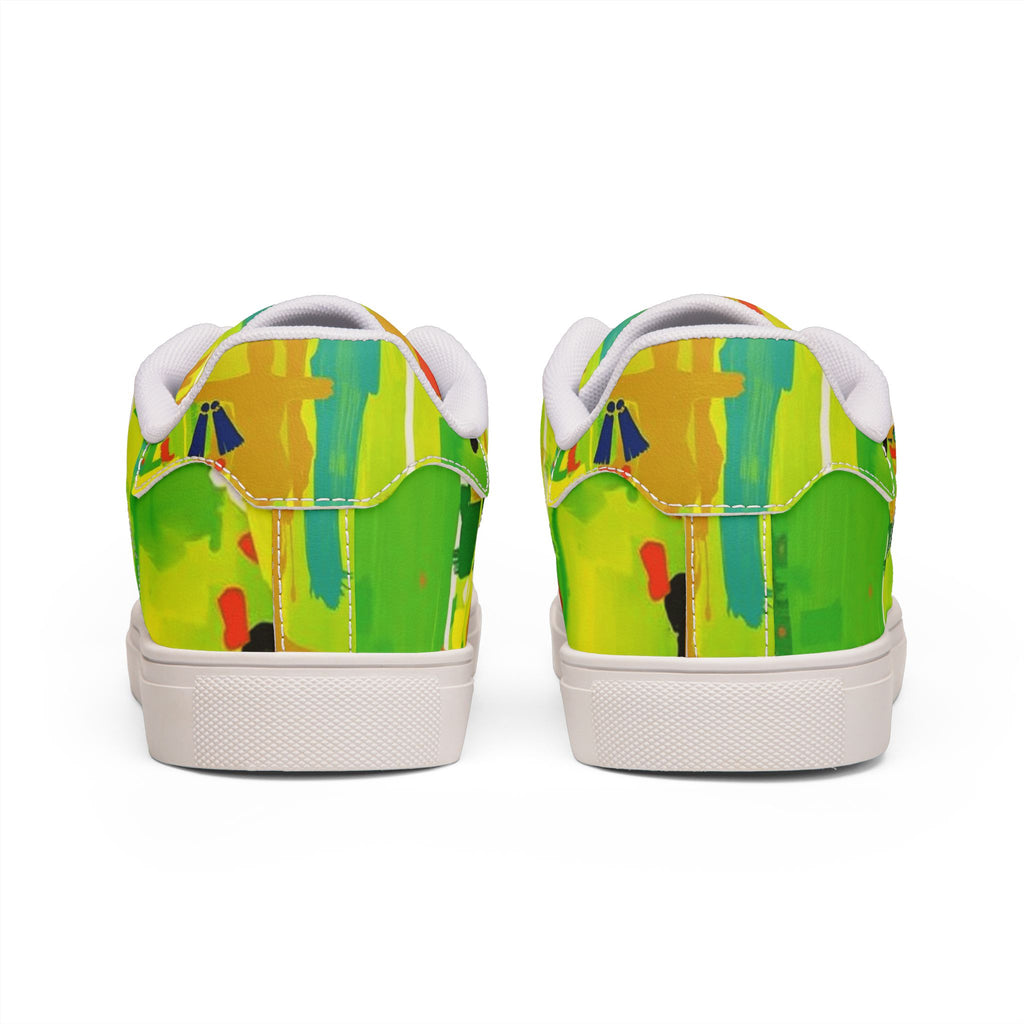 Men's Low-Top Sneakers — Bright Abstract Green & Yellow Leather Casual Shoes