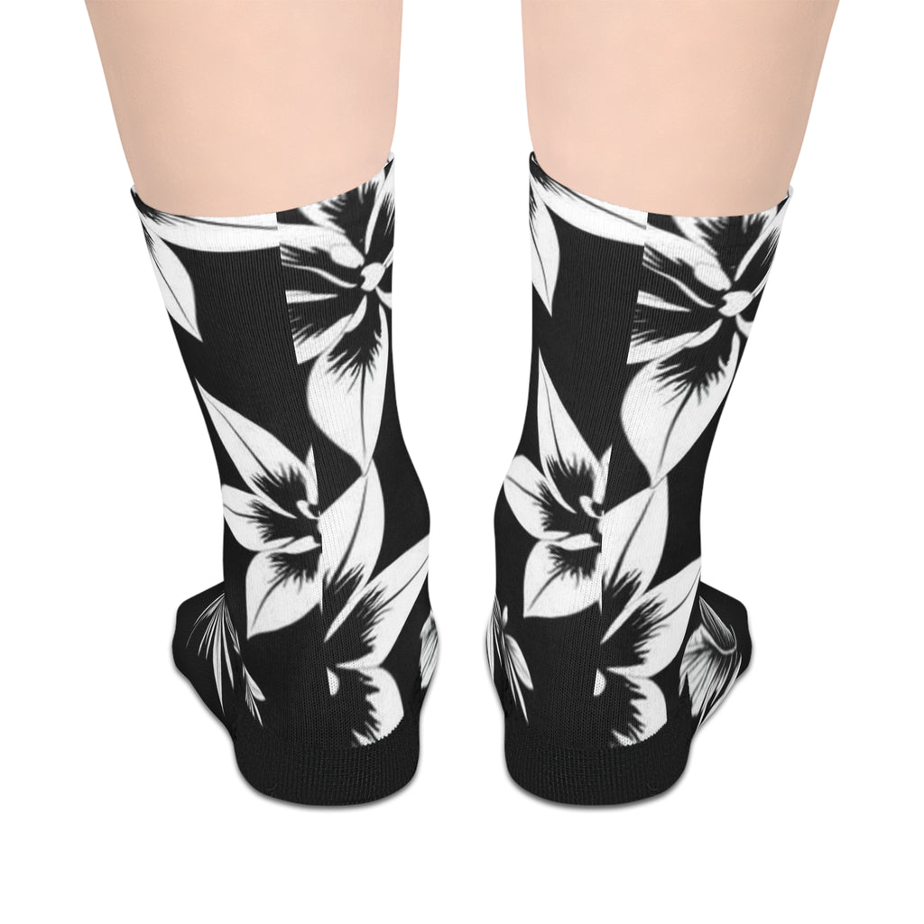 Floral Stripe Mid-Length Socks — Black & White Tropical Flower Crew Socks