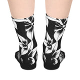 Floral Stripe Mid-Length Socks — Black & White Tropical Flower Crew Socks thumbnail 2