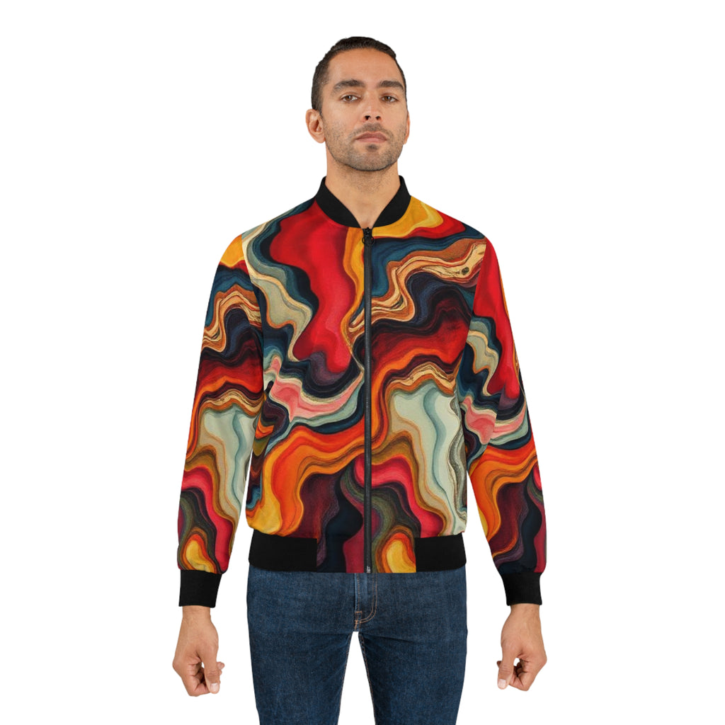 Abstract Swirl Bomber Jacket — Colorful Retro Marble AOP