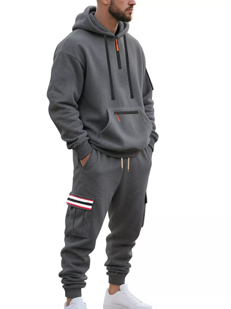 Men's Full Size Casual Half-Zip Hoodie and Cargo Pants Set Plus Size