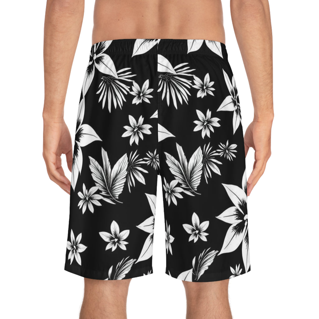 Black & White Hawaiian Floral Board Shorts — Men's Tropical Swim Trunks