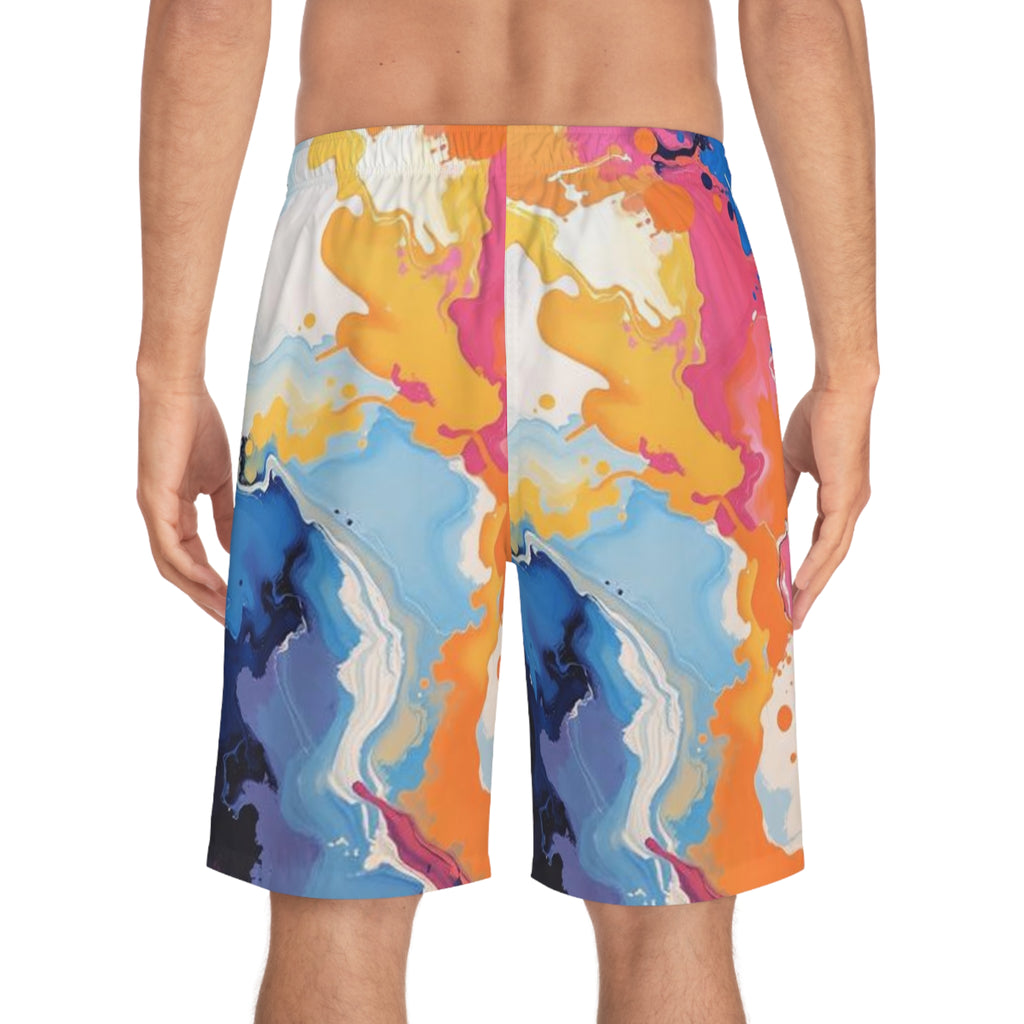 Abstract Color Splash Board Shorts — Vibrant Marble AOP Men's Swim Trunks