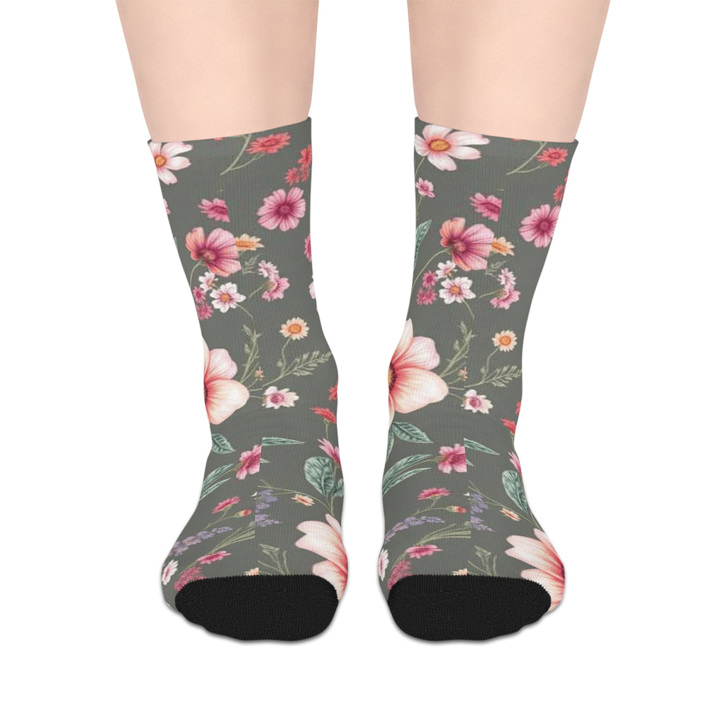 Floral Blooms Mid-Length Socks — Vintage Green Pink Flower Crew Socks
