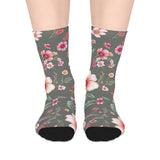 Floral Blooms Mid-Length Socks — Vintage Green Pink Flower Crew Socks thumbnail 1