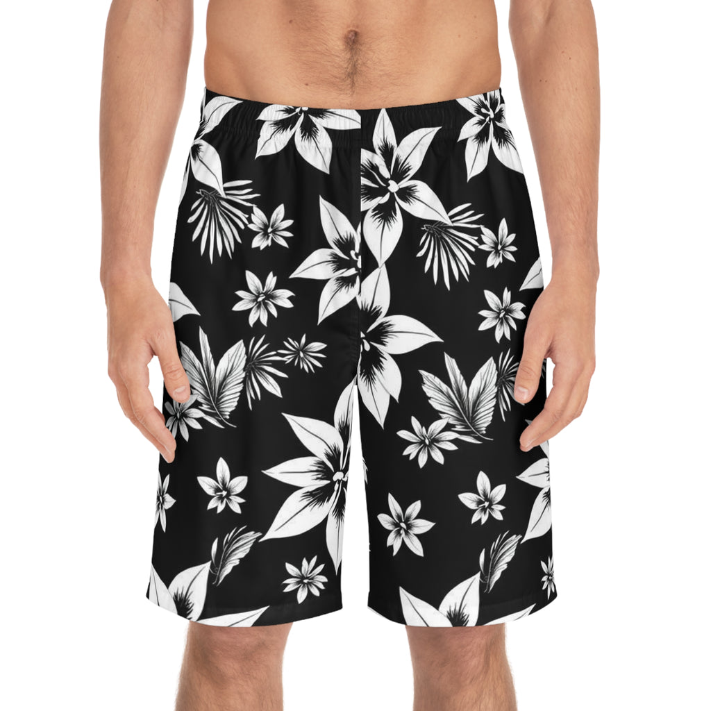 Black & White Hawaiian Floral Board Shorts — Men's Tropical Swim Trunks