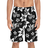 Black & White Hawaiian Floral Board Shorts — Men's Tropical Swim Trunks thumbnail 3