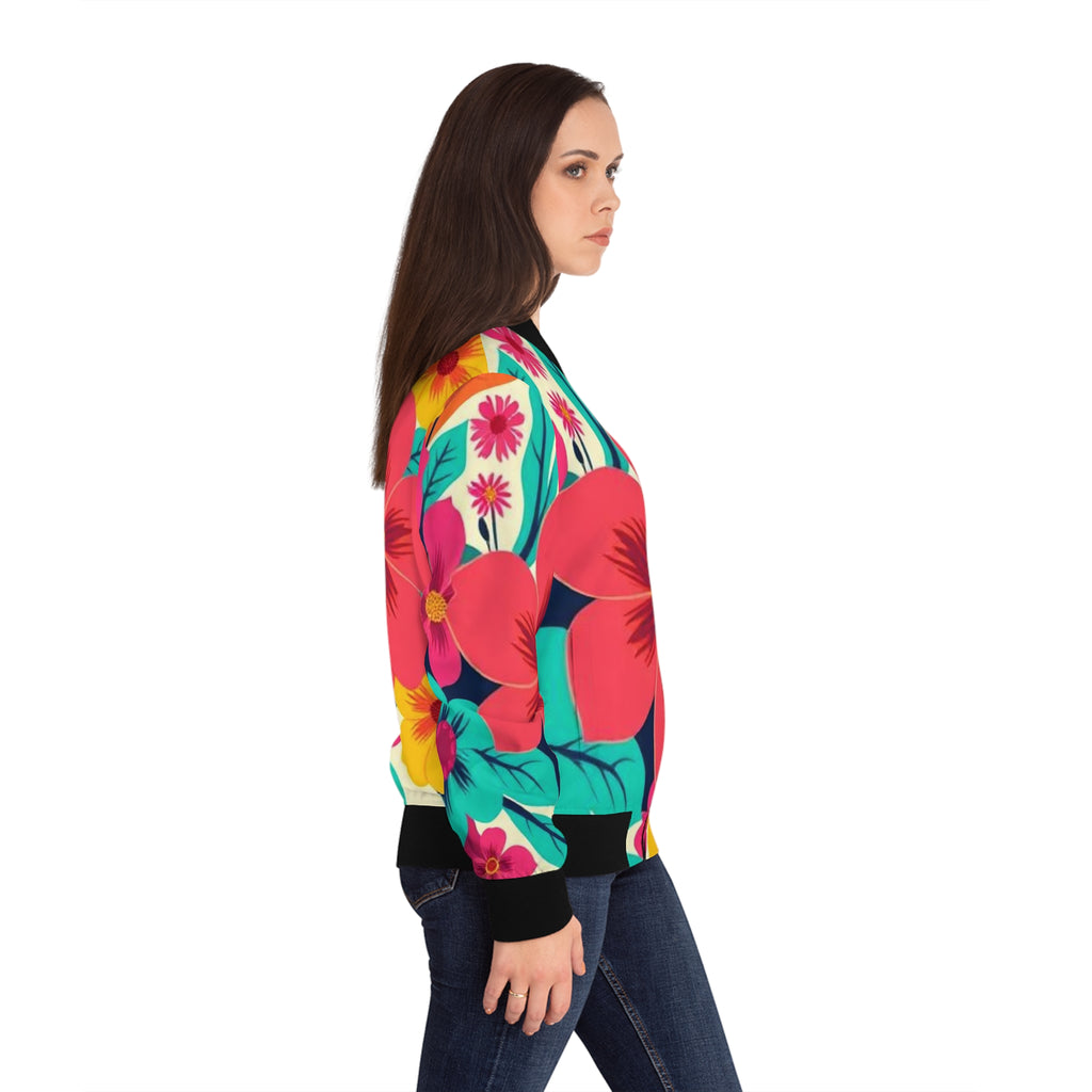 Floral Burst Women's Bomber Jacket — Bright Hawaiian All-Over Print
