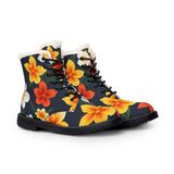 Floral Fur-Lined Leather Boots — Tropical Orange & Yellow Hibiscus Print thumbnail 2