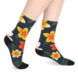 Tropical Floral Mid-Length Socks — Yellow & Orange Plumeria Design thumbnail 6