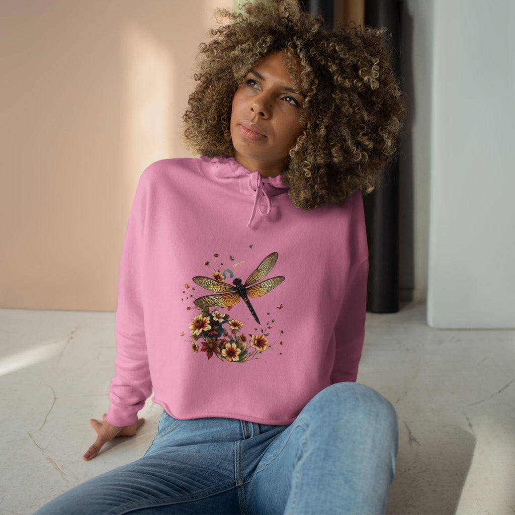 Dragonfly Floral Crop Hoodie — Botanical Watercolor Dragonfly Graphic
