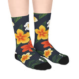 Tropical Floral Mid-Length Socks — Yellow & Orange Plumeria Design thumbnail 4