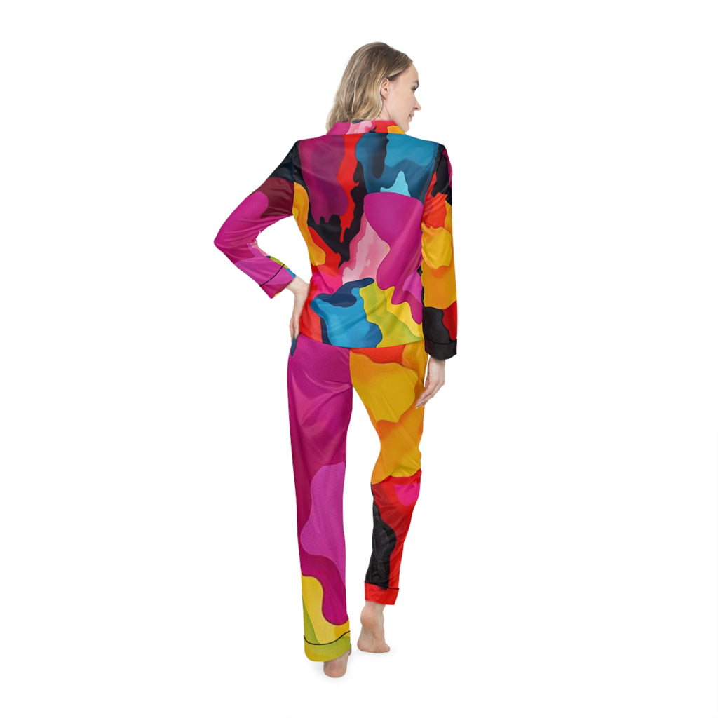 Satin Pajamas — Vibrant Abstract Color Splash Sleep Set