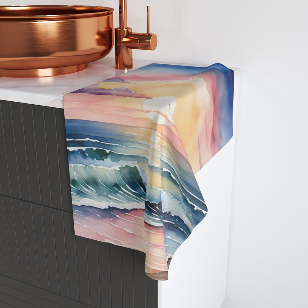 Sunset Ocean Watercolor Hand Towel — Beach Waves Sunrise Kitchen Towel