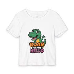 White t-shirt with a dinosaur graphic and 'Roar Means Hello' text on a white background