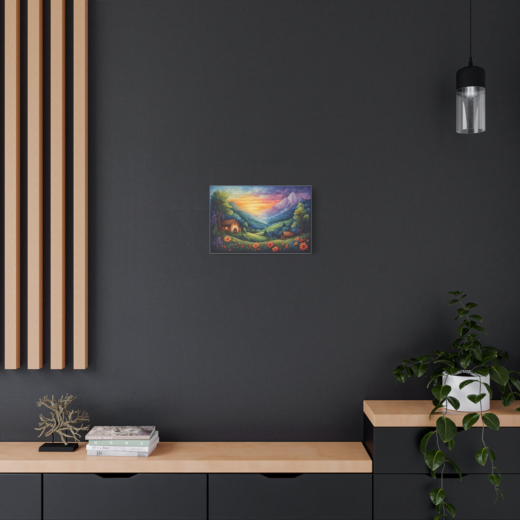 Sunset Valley Landscape Canvas Print — Cottage, Mountains & Wildflowers Matte Stretched