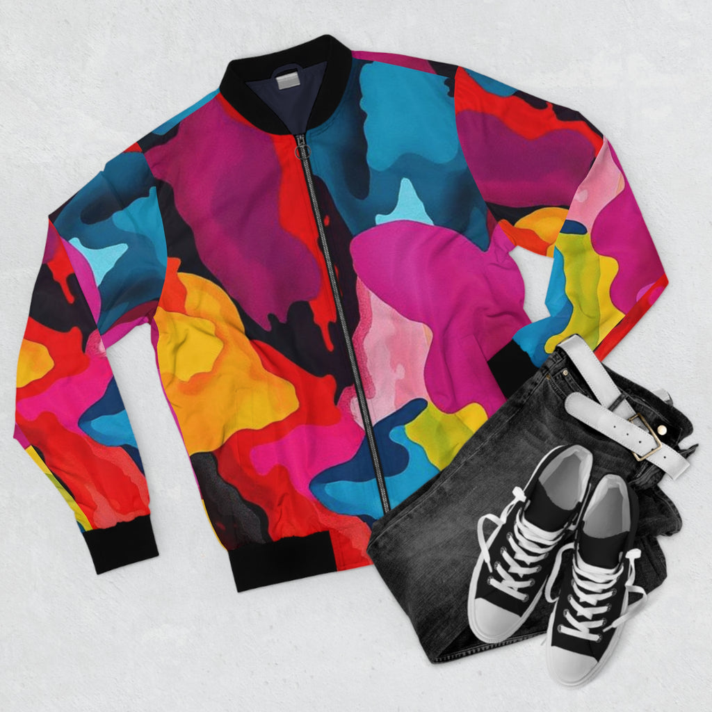 Colorful Abstract Paint Splash Bomber Jacket — Vibrant All-Over Print Men's Outerwear
