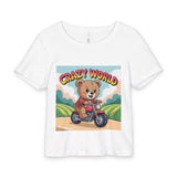 Baby Tee - 'Crazy World' Teddy Bear Motorcycle Graphic thumbnail 1